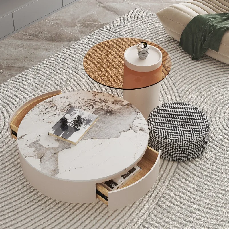 Round rock slab coffee table, small apartment living room home modern simple cream style coffee table