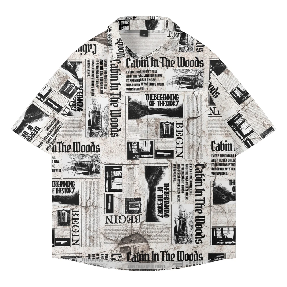 

Summer casual oversized short sleeved, newspaper print, loose and fashionable beach trend vacation single breasted shirt