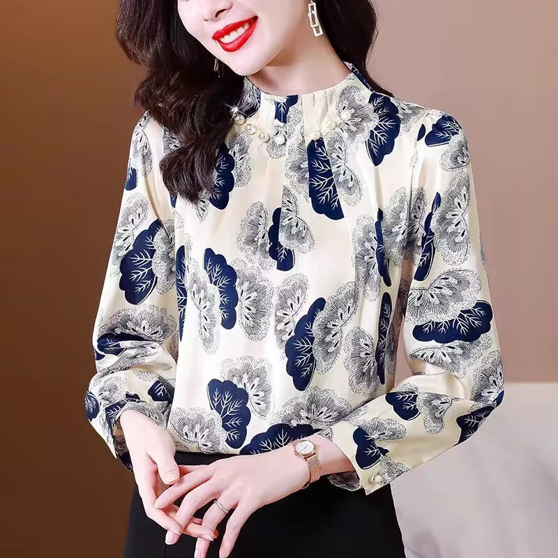 Neue Frühling Herbst Frauen Koreanische Mode Druck Chiffon Hemd Büro Dame Elegante Stehkragen Bluse Casual Langarm Lose Tops