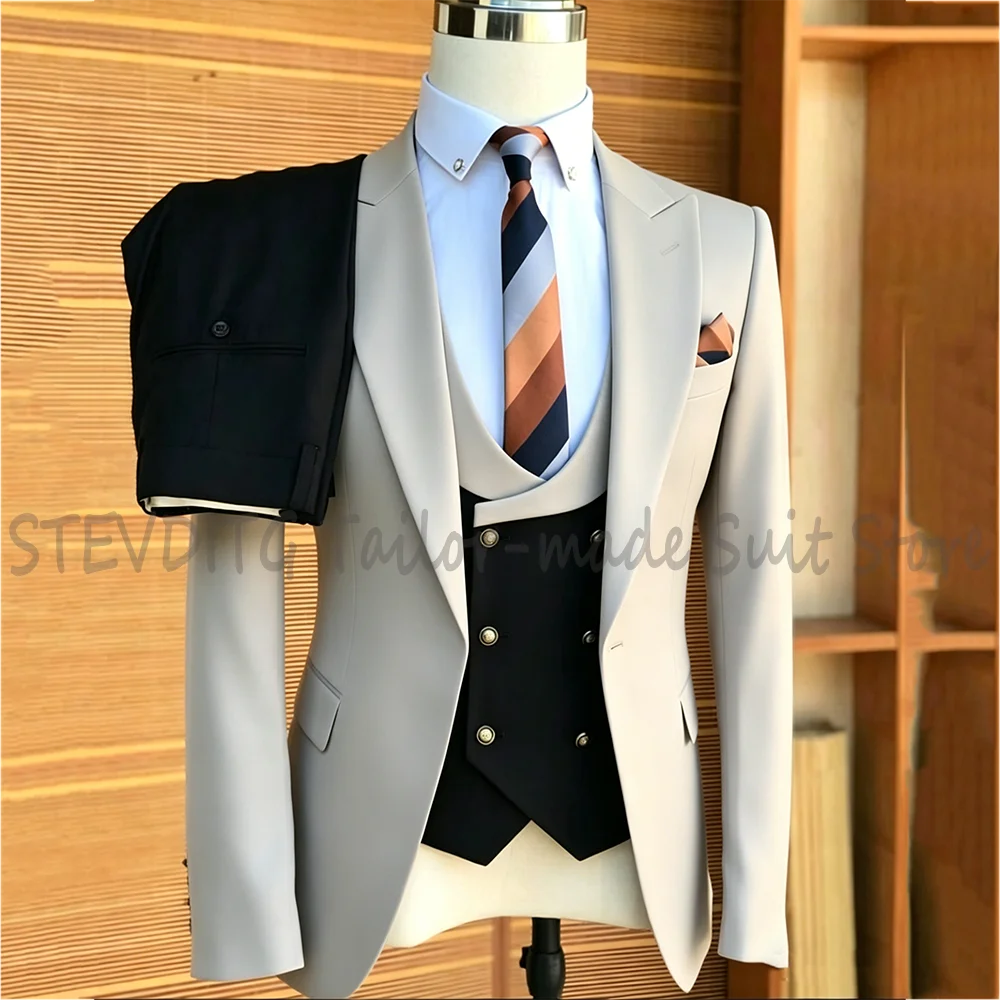 Fashion Design Men's 3 Piece Suit High Quality Peak Lapel Jacket Vest Pants Contrast Color Formal Business Outfit Wedding Set