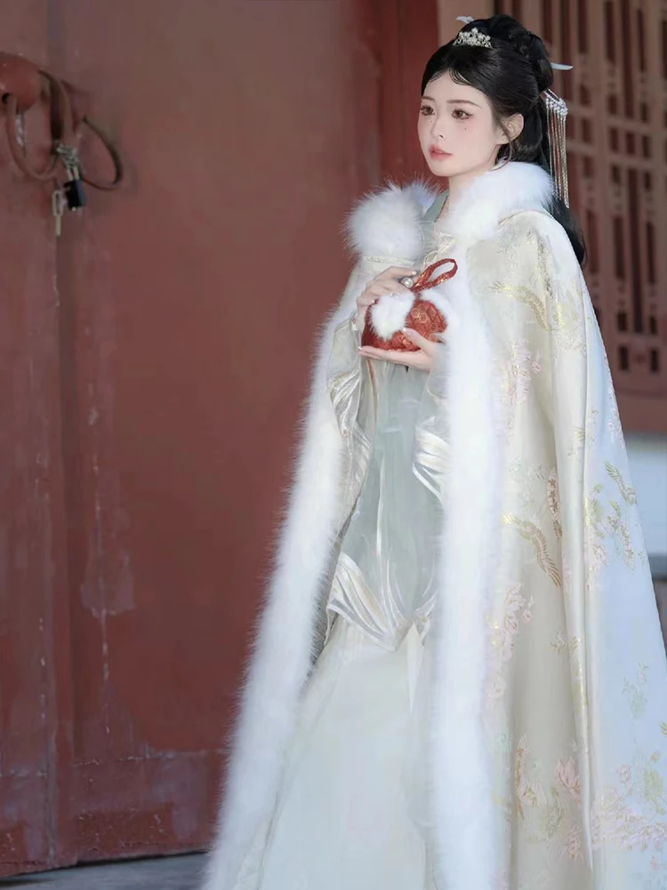 

Женская зимняя накидка Hanfu на каждый день, новый большой меховой воротник, плюшевая утолщенная суперфея, теплая накидка