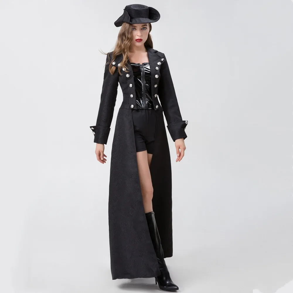 Vintage Medieval Pirate Costume for Adult Women Pirates Jack Sparrow Cosplay Halloween Costume Steampunk Black Long Trenchcoat