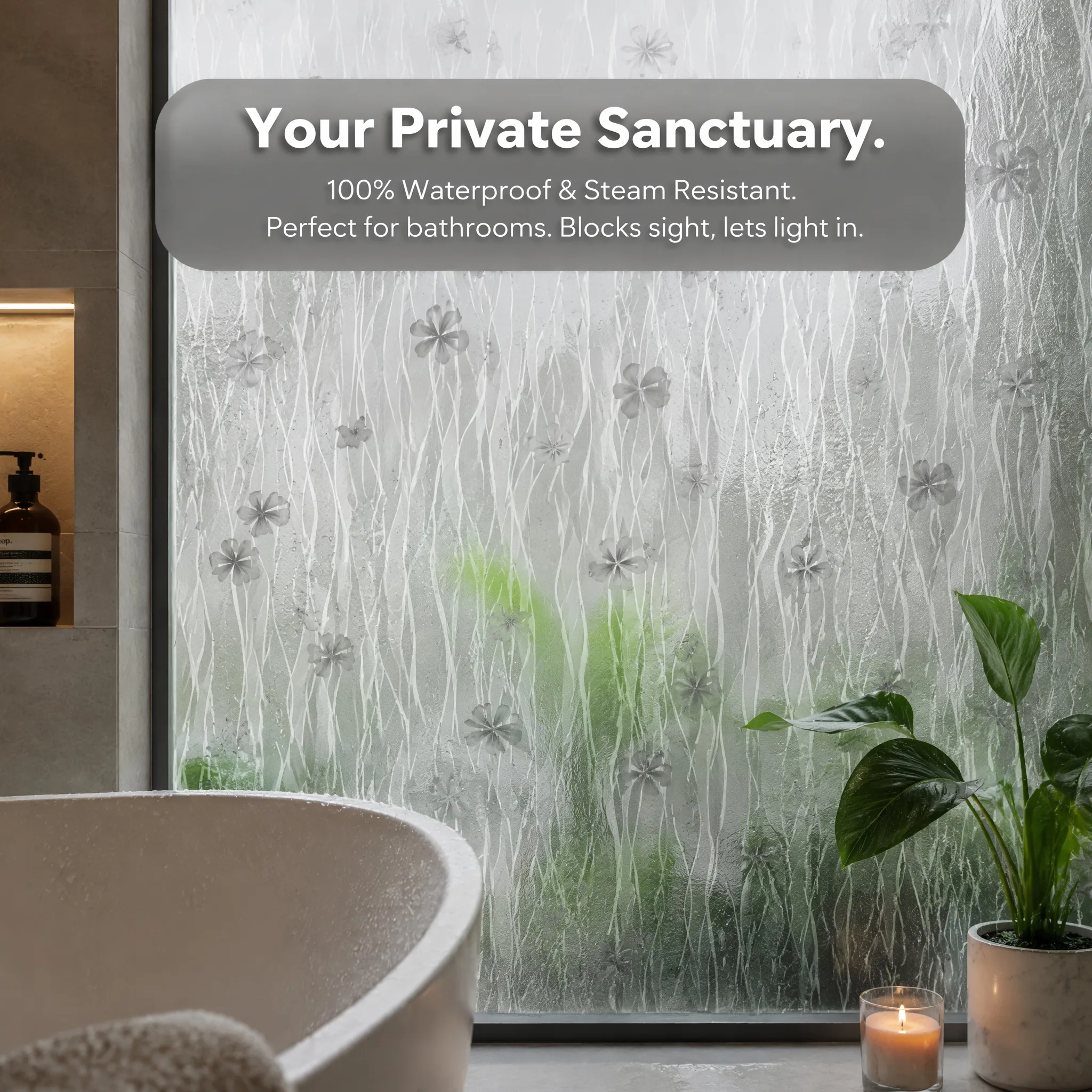 Minimalist Grey Wave Floral Butterfly Privacy Window Film Built-in Adhesive Soft Light Filter Cuttable PVC for Modern Neutral