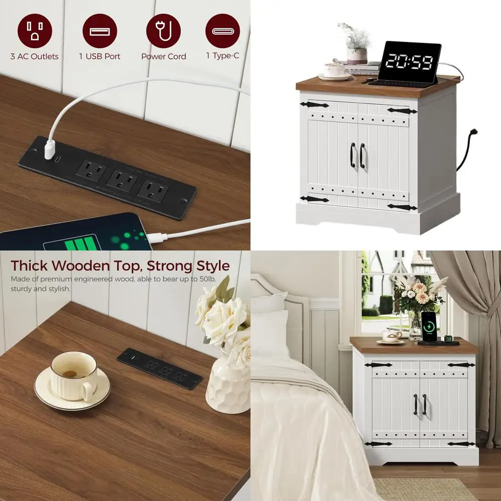 

Прикроватная тумба-столик в стиле фермерского дома с зарядной станцией, 23,6 кв. фута, деревянная, с дверцей-распашной, регулируемой полкой, для гостиной и спальни, белый/орех