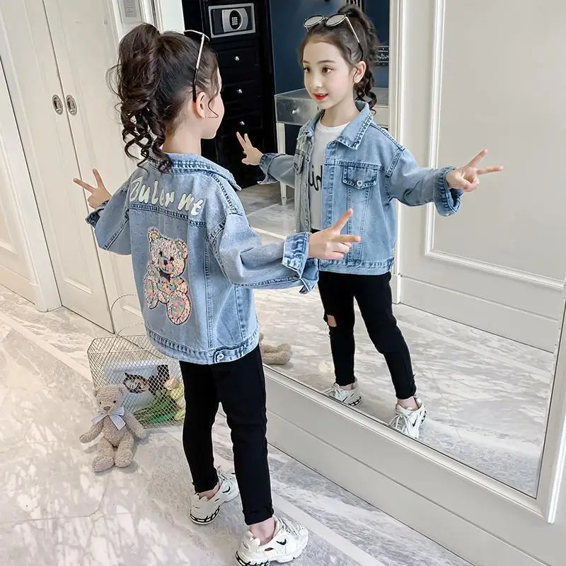 3 4 6 8 10 12 Years Teen Girls Denim Jacket Spring New Fashion Bear Sequin Cowboy Coats For Girls Children Outwear Birthday Gift