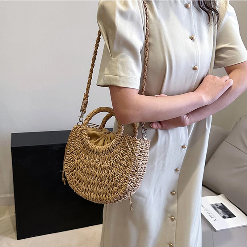 2026 NEUE Sommer Damen Handgefertigte Gewebte Stroh-Rattan Halbmond-Strandtasche Große Kapazität Hohle Crossbody Schultertasche – Detail 13