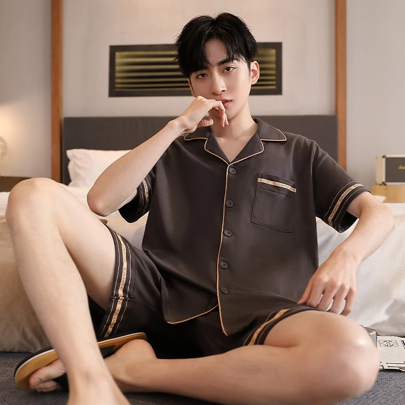 Big Size L-5XL Men Sleepwear Summer knited Cotton Pajama Set Male Turn-down Collar Casual Pijama
