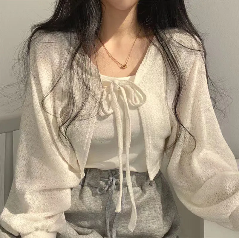 

Summer Solid Color Sunscreen Lace-Up Cardigan Casual Simple Thin Knitted women top Female Korean Style Lantern Sleeve Short Coat