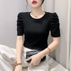 Black Summer Korean Style Cotton T-Shirt Fashion Sexy Draped Solid Elegant Women Tops Puff Sleeve All Match Tees 2024 New 43127