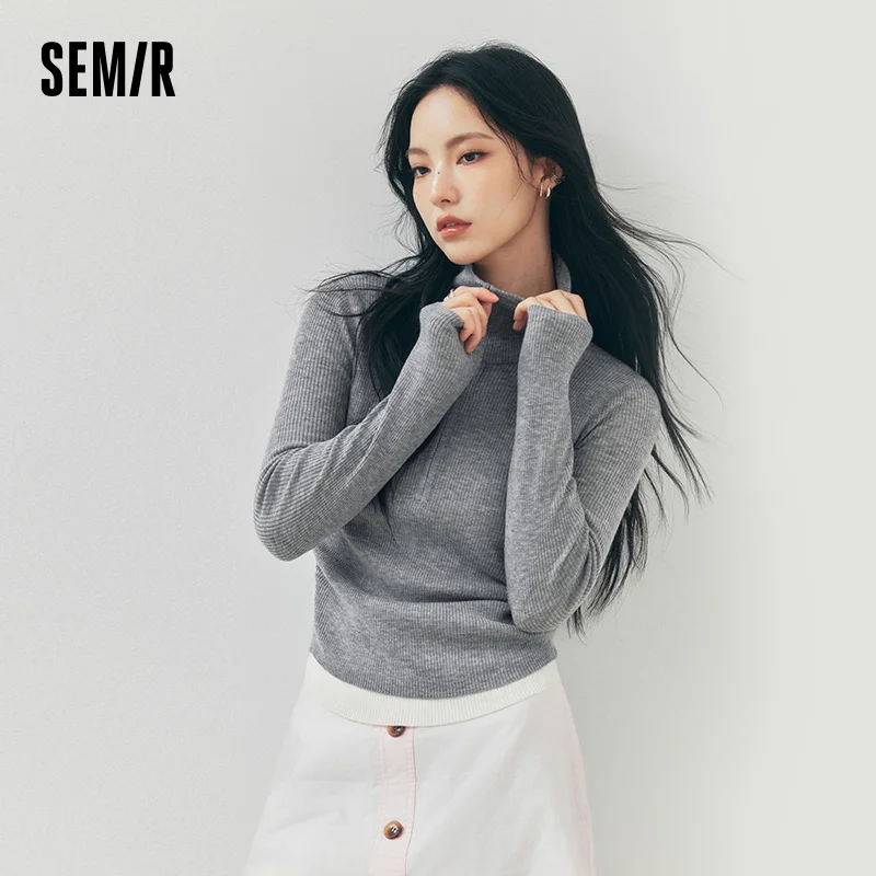 Semir Women Knit Sweater Wool Blend Layered Look Turn Down Collar Half Zip Pleated Detail Slim Fit 2026 New Winter Daily Wear