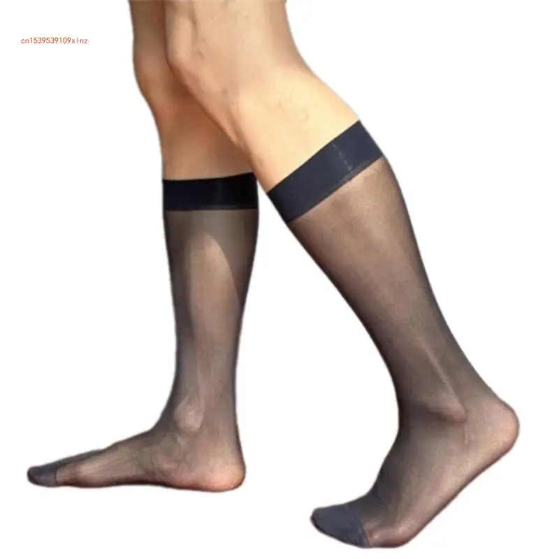 Men's Middle Calf Business Socks with Twill Pattern See Through Thin Nylon Dress Socks Stockings for Formal Occasion