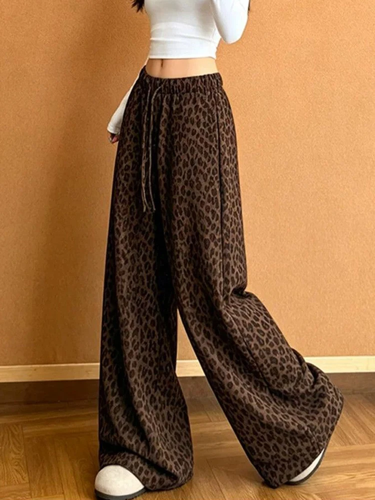 Streetwear Y2K Leopard Pant Women Loose Vintage Harajuku Hip Hop Trousers Fall Winter American Retro High Waist Wide Leg Pants