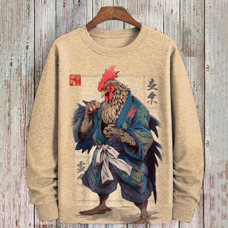 

Kung Fu Chicken Pattern Hoodie For Men Vintage 3D Printed Pullover Autumn Street Long Sleeve Loose Sweatshirt Round Neck Hoodies