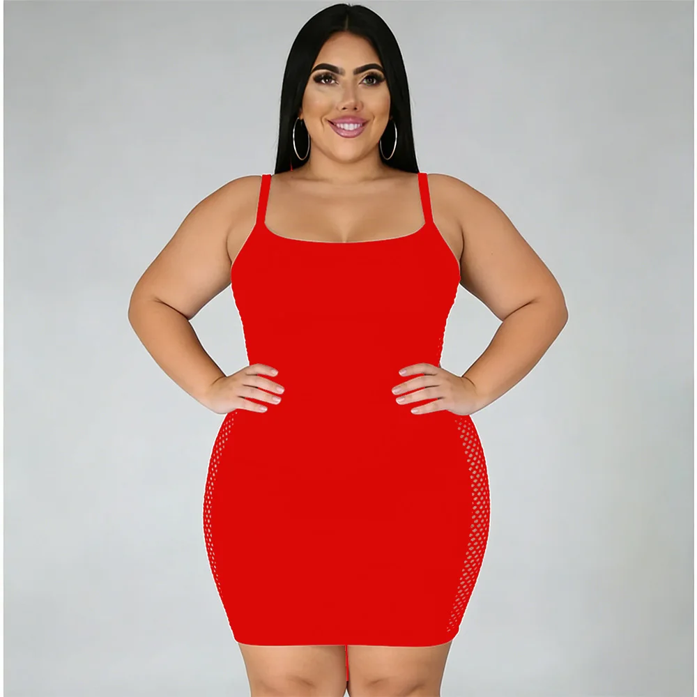 Vestidos ajustados de tirantes finos para mujer, con malla y patchwork, para discoteca, fiesta, vestido hueco, talla grande 9XL 8XL 7XL 6XL