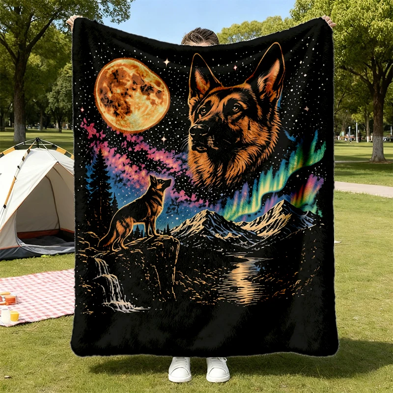 90s German Shepherd Howling Warm Blanket - Men and Unisex Soft Blanket - Vintage 90s Dog Meme Comfy - Full Moon Pet