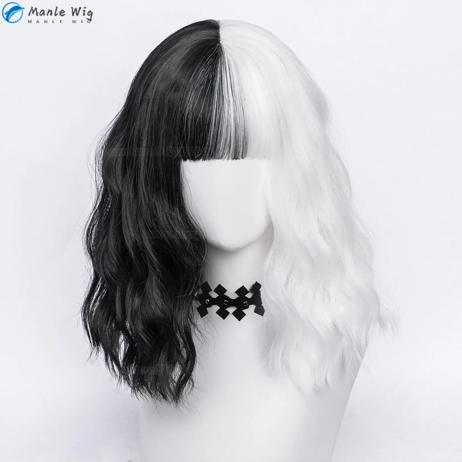 Anime Cruella de Vil Cosplay Wig Props, Cruly Half Black and Half White, Heat Degree Hair Wigs, Masque, Gants, Collier, Bonnet