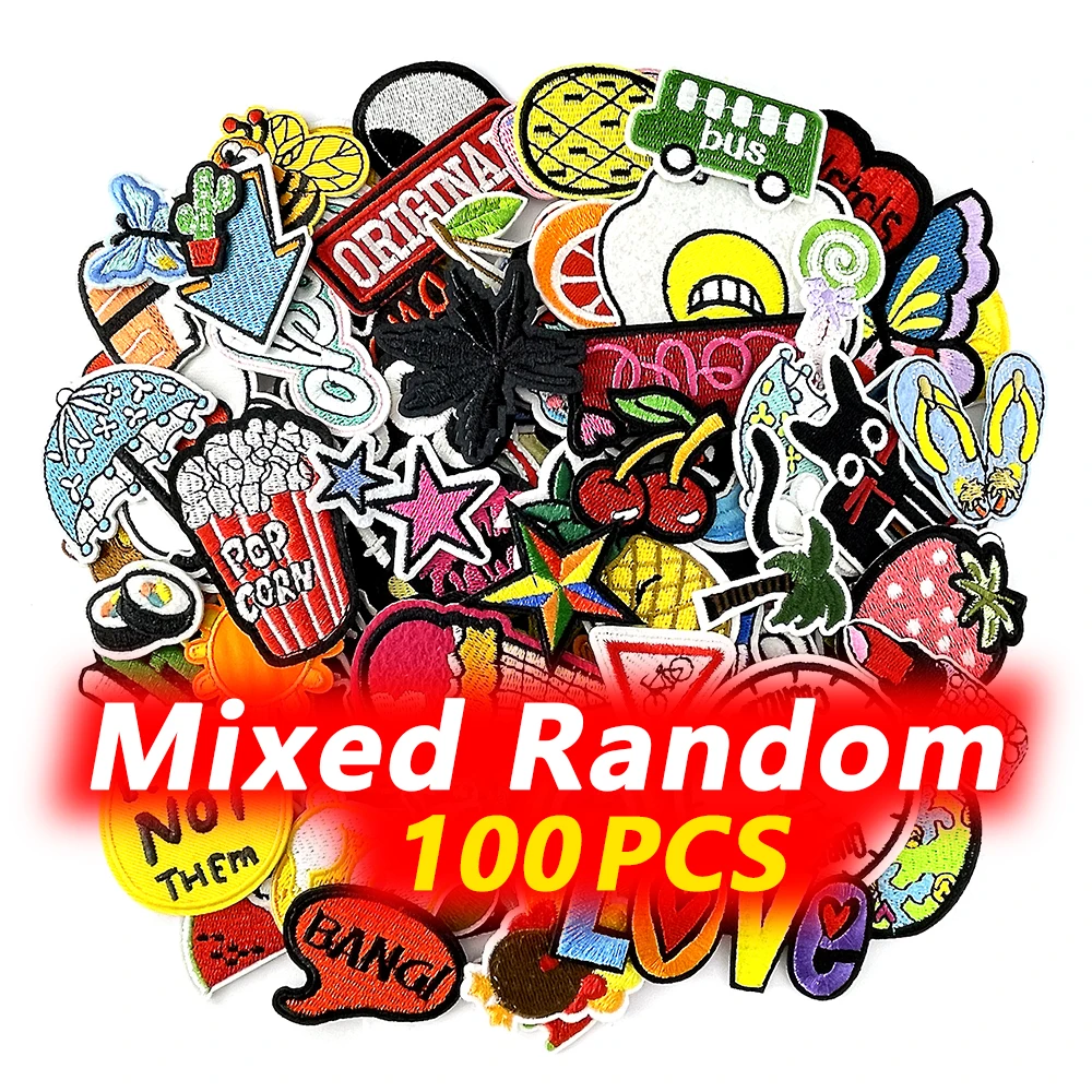 100Pcs/Lot Random Mix Iron on Patches for Clothing Decoration Embroidery Applique Ironing Supplies Decorative Patch Sewing Badge
