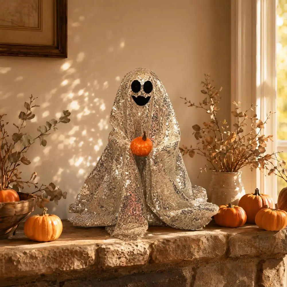 Sparkling Ghost Decoration Light-catching Ghost Statue Halloween Ghost Decoration with Sequin Cloth Light-up Spooky for Outdoor
