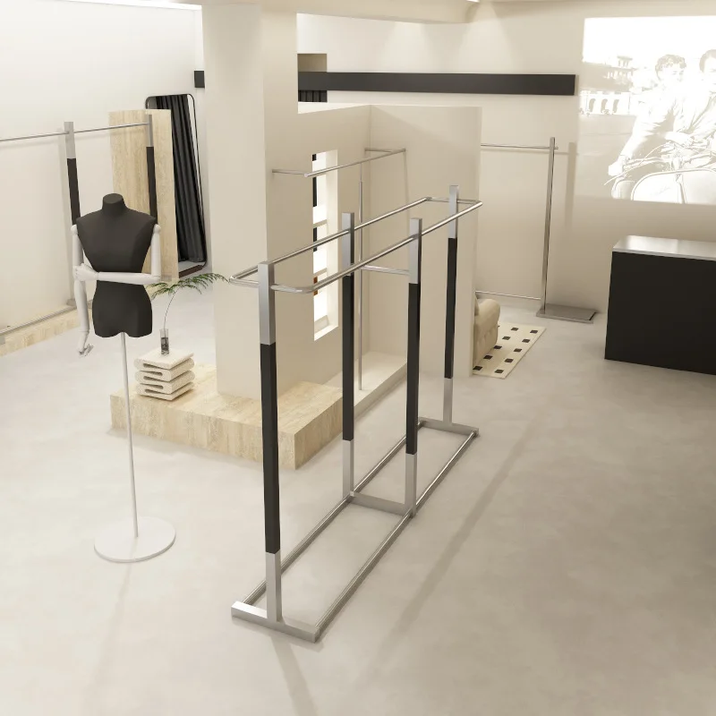custom.Custom Double Row Island Rack with Stainless Steel Hangers Modern Design Display Rack Clothing Store