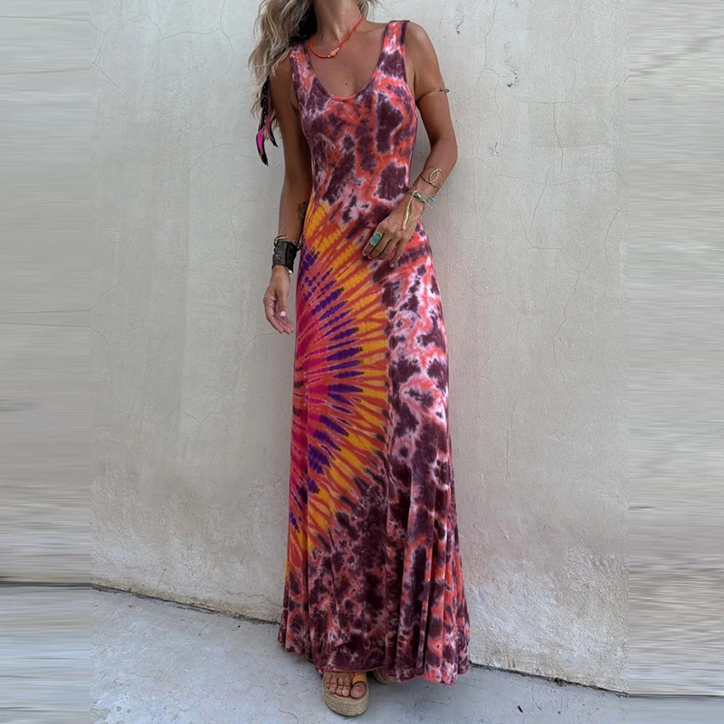 Sexy Bandage Backless Hollow Long Dress Elegant U Neck Hollow Tank Boho Dress Women Fashion Tie-dye Print Sleeveless Party Dress