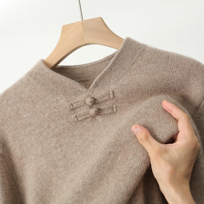 الخريف والشتاء الصوف الخالص الرجال الوقوف طوق زر البلوز سترة فضفاضة عارضة متماسكة قاع معطف