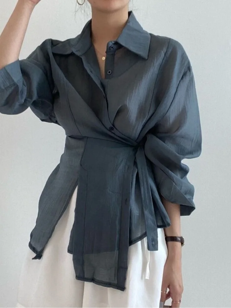 

Шикарный простой элегантный отложной воротник на одной пуговице, асимметричный тонкий длинный све, солнцезащитный топ