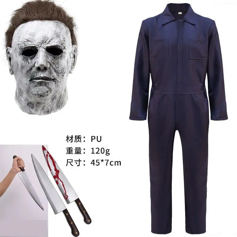 

2024 Halloween Party Cosplay COS Men's Navy Jumpsuit Ghost Scary Horror Mask Classic Knife Costume for Adult and Kids