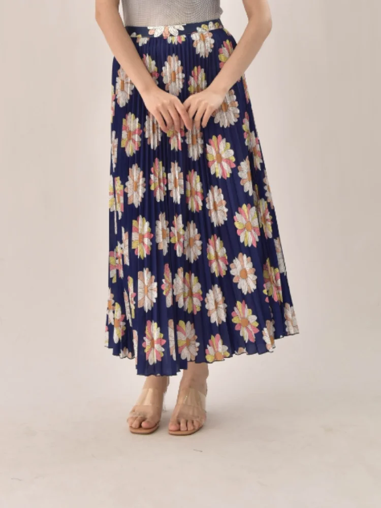 

Floral Print Women Pleated Midi Skirt 2024 Summer Casual Elastic Skirt HIgh Waist Elegant Women Clothes