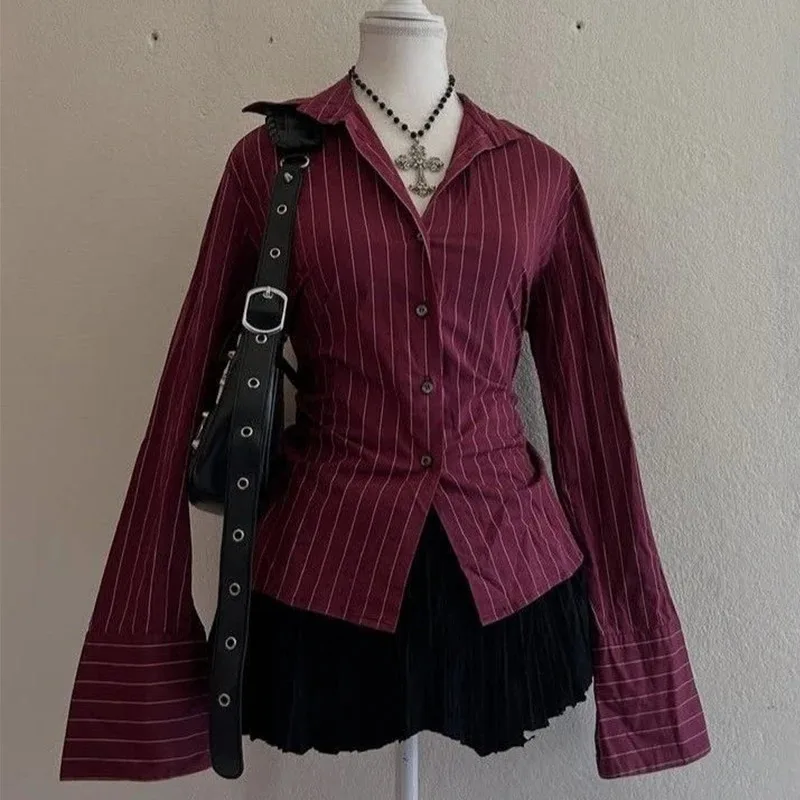 

Готическая панк-рубашка Y2K для женщин: сексуальная, приталенная, повседневная, с отложным воротником, в полоску, с длинными рукавами, в стиле ретро, для дерзких девушек, уличная мода