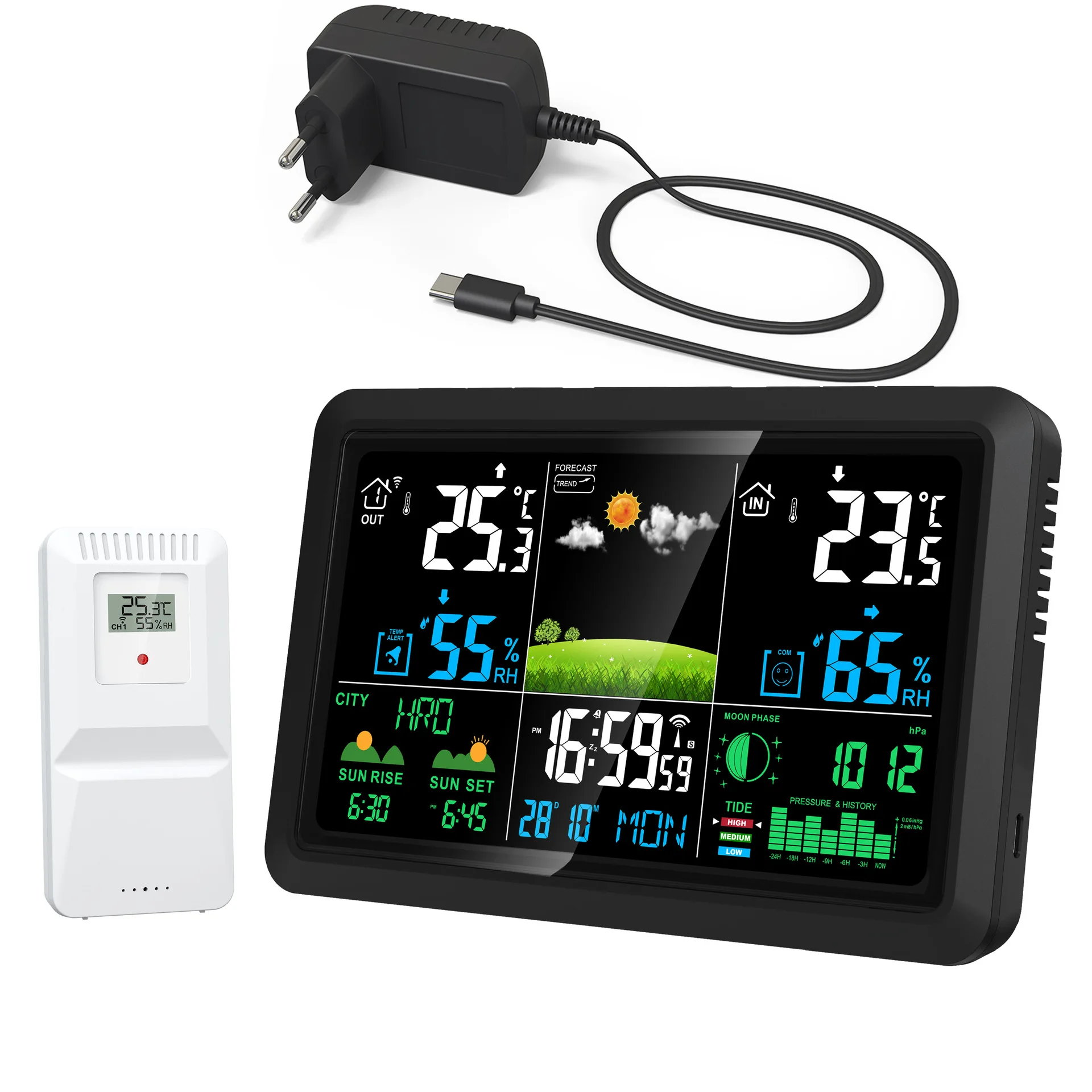 

New Digital 7.5-Inch VA Screen Indoor/Outdoor Weather Station Temperature/Humidity Moon Phase Air Pressure Display Home Use