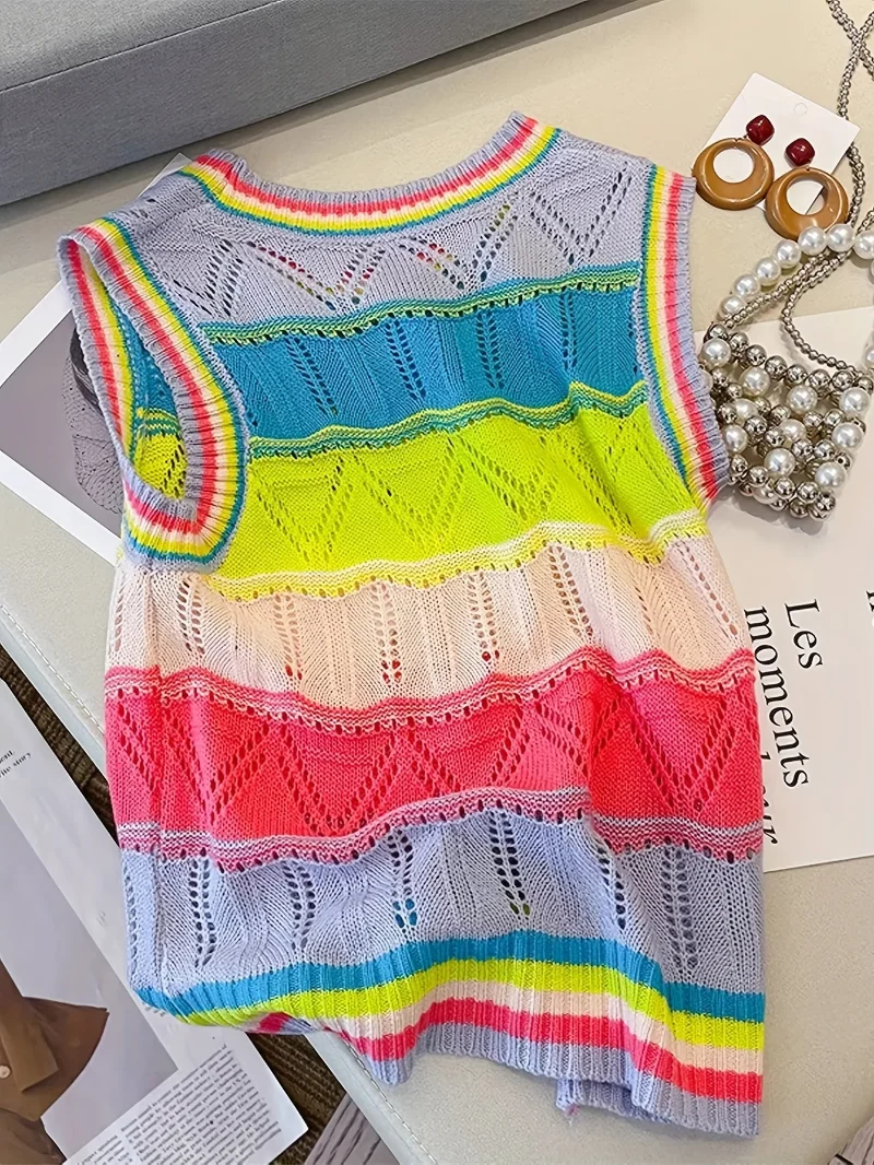 2025 Women's Rainbow Striped Knit Top SleevelessCasual Crew Neck Hollow Out Design Crop Top Vest 1899