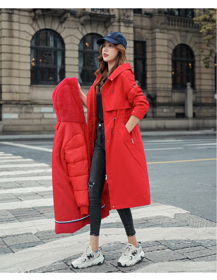 Women Hooded Parkas Coats Long Jackets Solid Detachable Big Fur Lenth Collar Zipper Drawstring Slim Fit Thick Casual 2025 Winter