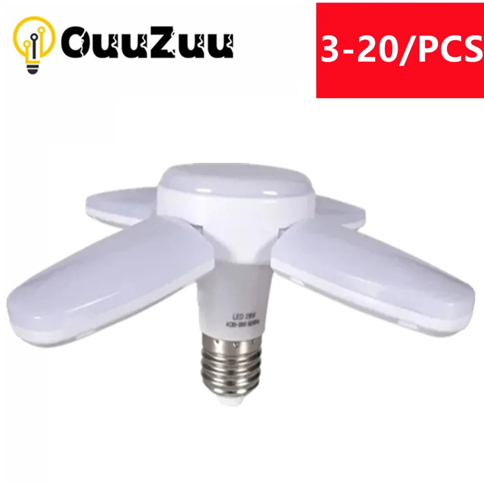 OuuZuu 3/20/PCS Led Mini Folding Led Fan Light Bulb E27 Lampada AC85 - 265V 28W Foldable Fan Blade Angle Adjustable Light Bulb