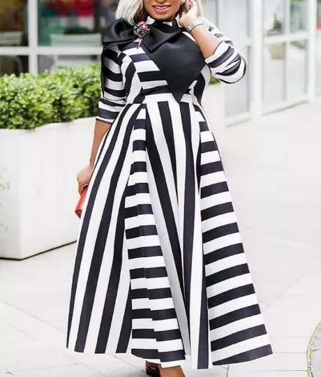 African Maxi Dress Women High Waist Big Swing Robes Gown With Bow Fashion New Stripe Print Elegant Streetwear African Long Dress