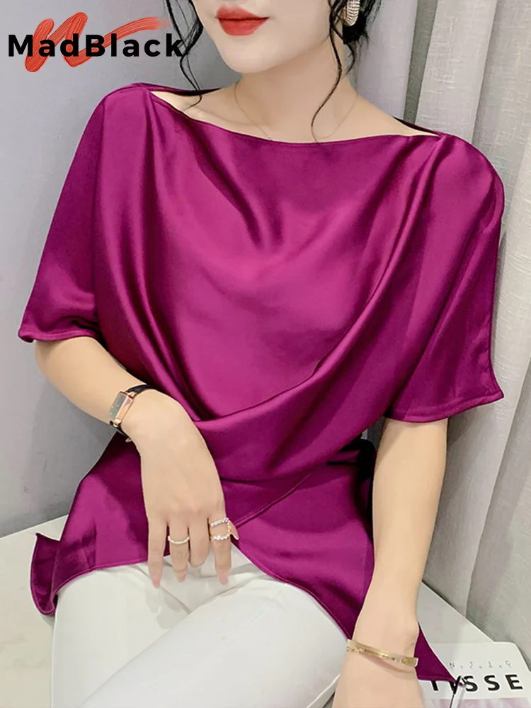 MadBlack Summer Irregular Satin Tshirts Women's Crossover Bandage Slim Waist Half Sleeves New Casual Tops Female Tees T33111Z