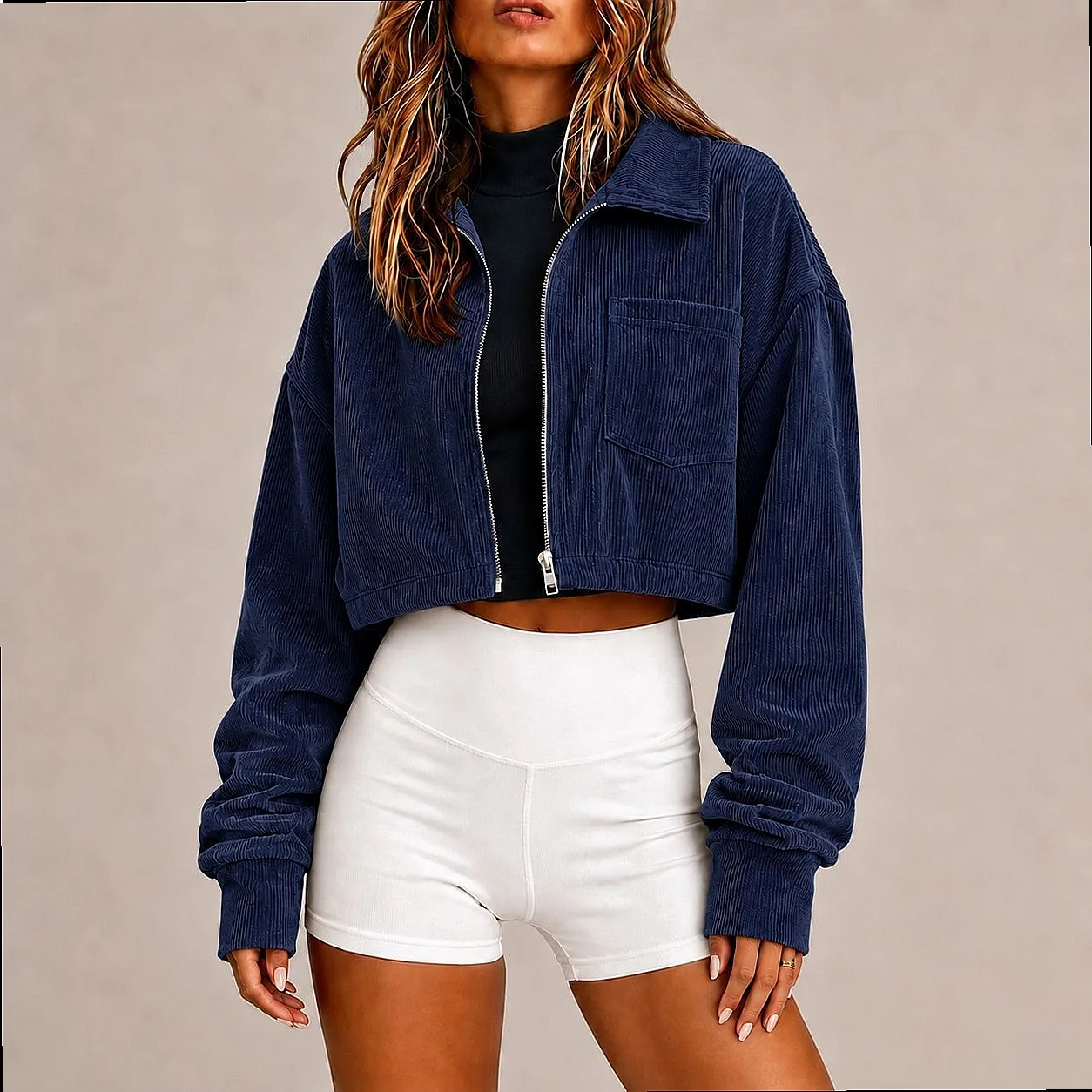 Womens Corduroy Jacket Short Zip Up Long Sleeve Casual Coats Fall Winter Loose Outerwear Jackets