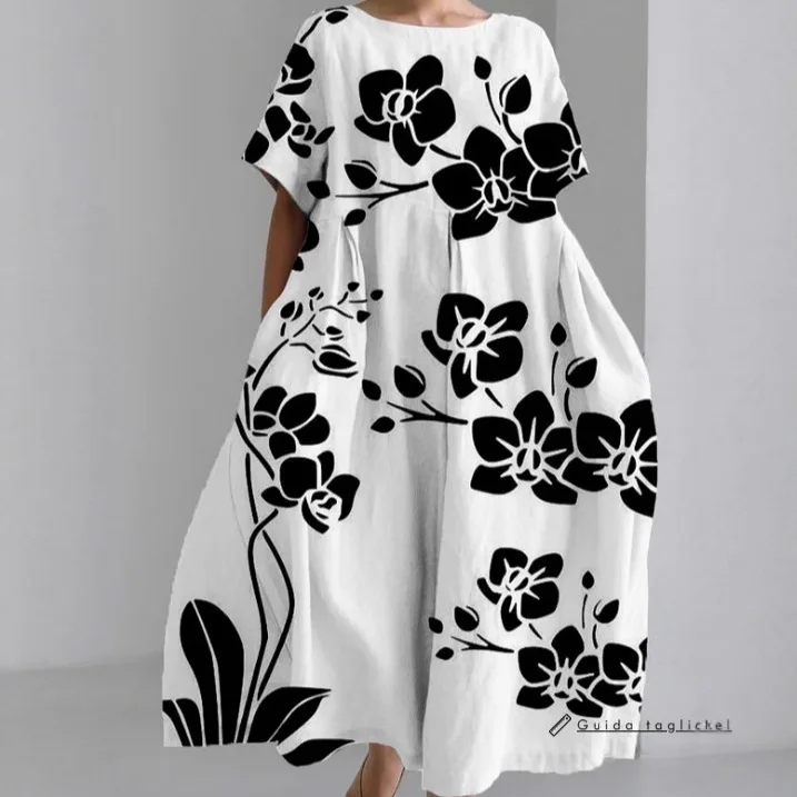 New Women's Loose Round Neck Fashionable High-end Short-sleeved Printed Dress
