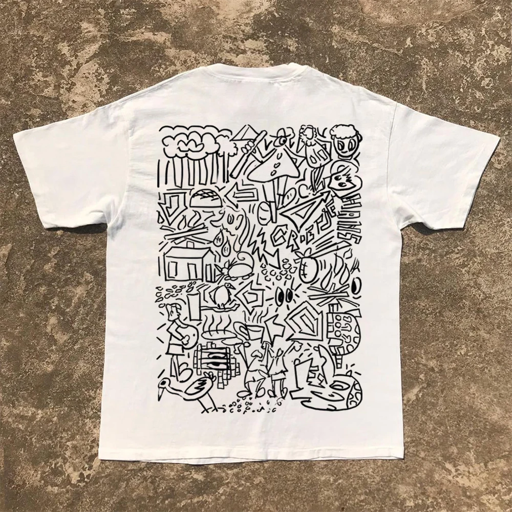 Hand-Drawn Graffiti American Retro High Street Style Short Sleeve T-Shirt Cool Line Design Breathable Cotton Skin-Friendly