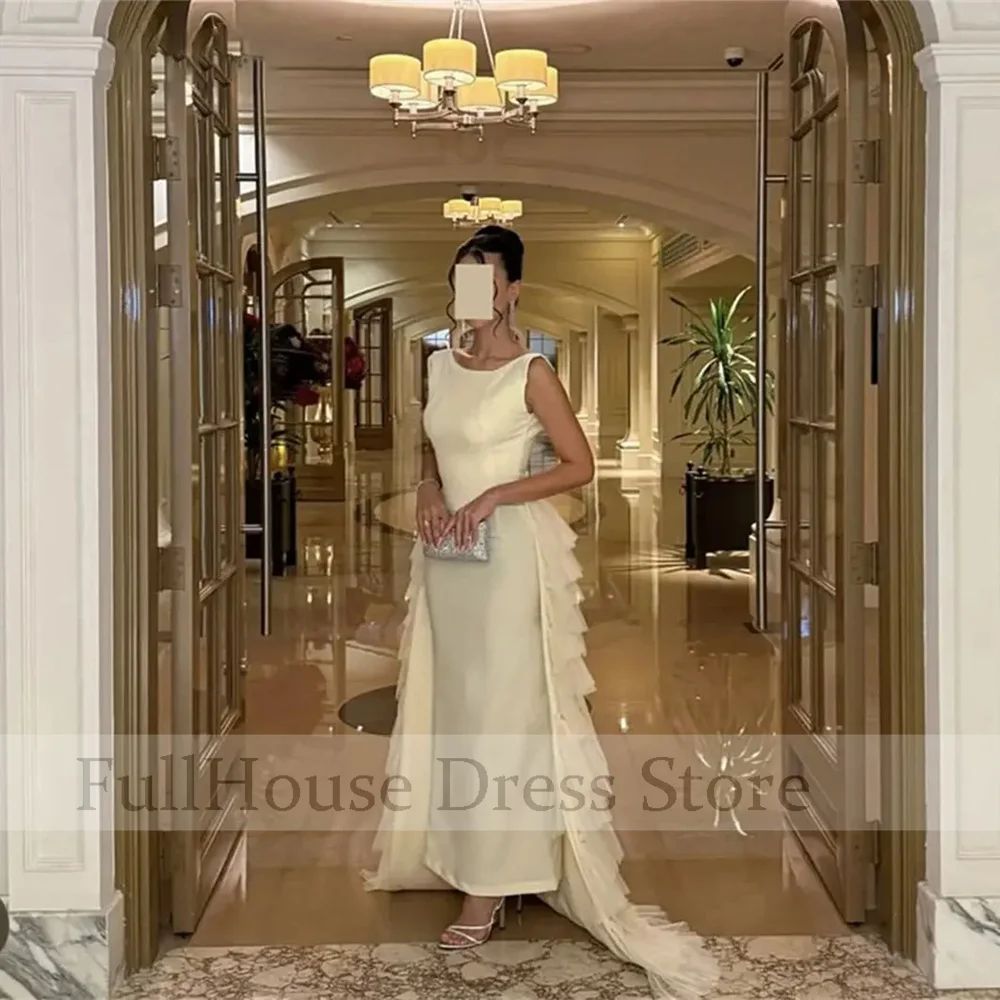 

Bespoke Occasion Yellows Scoop Neck Satin Ruffles Tiered Evening Dress Sheath Open Back Maxi Length Saudi Dress with Train