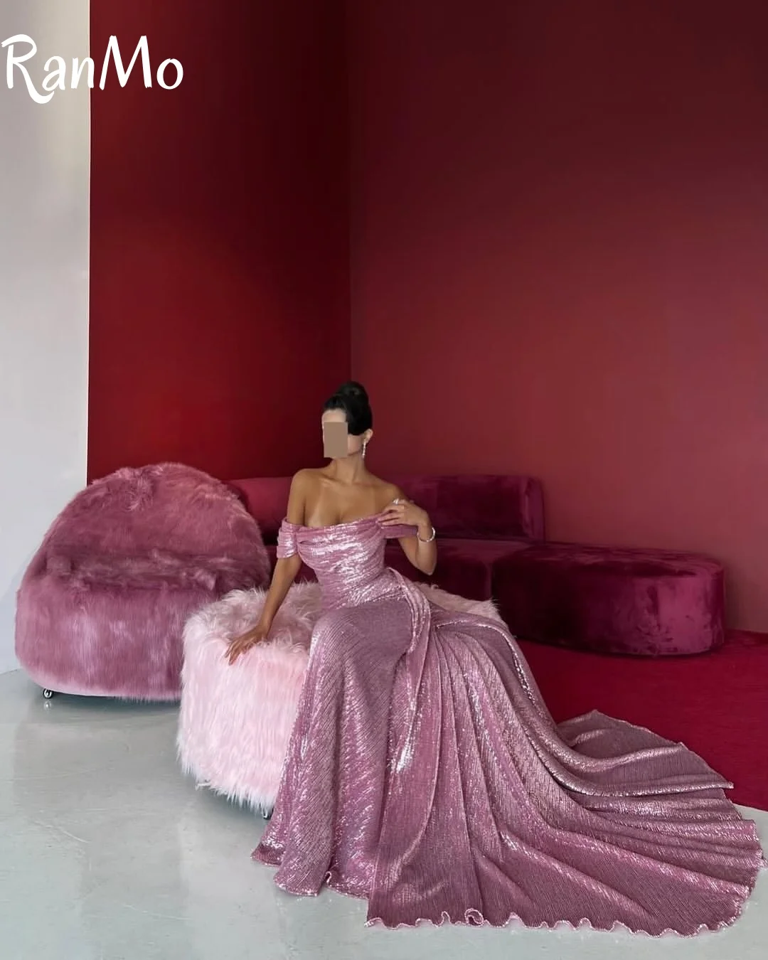 Ranmo 2025 sereia brilhante árabe vestidos de baile fora do ombro sem mangas trem varredura vestido de festa à noite longo formal ocasião vestido