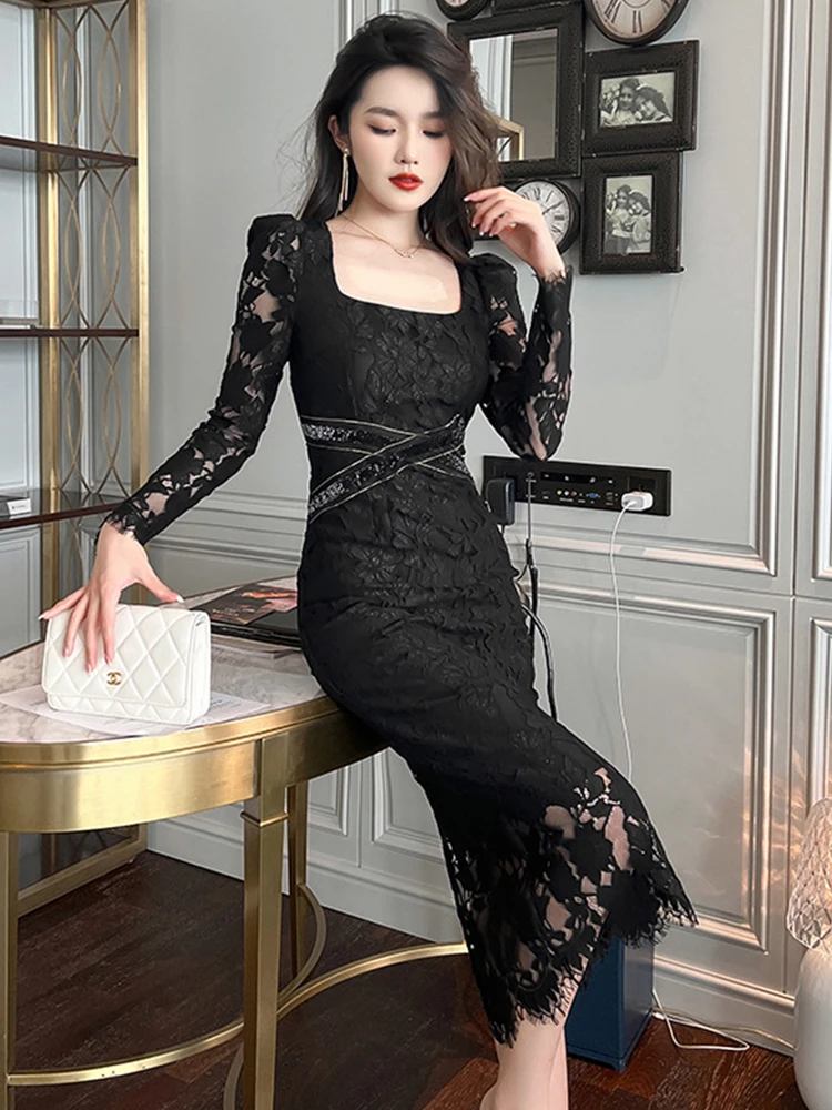 Elegance Women Evening Dress See Through Embroidery Floral Sequin Square Collar Skinny Midi Club Robe Femme Vestidos Mujer Gown