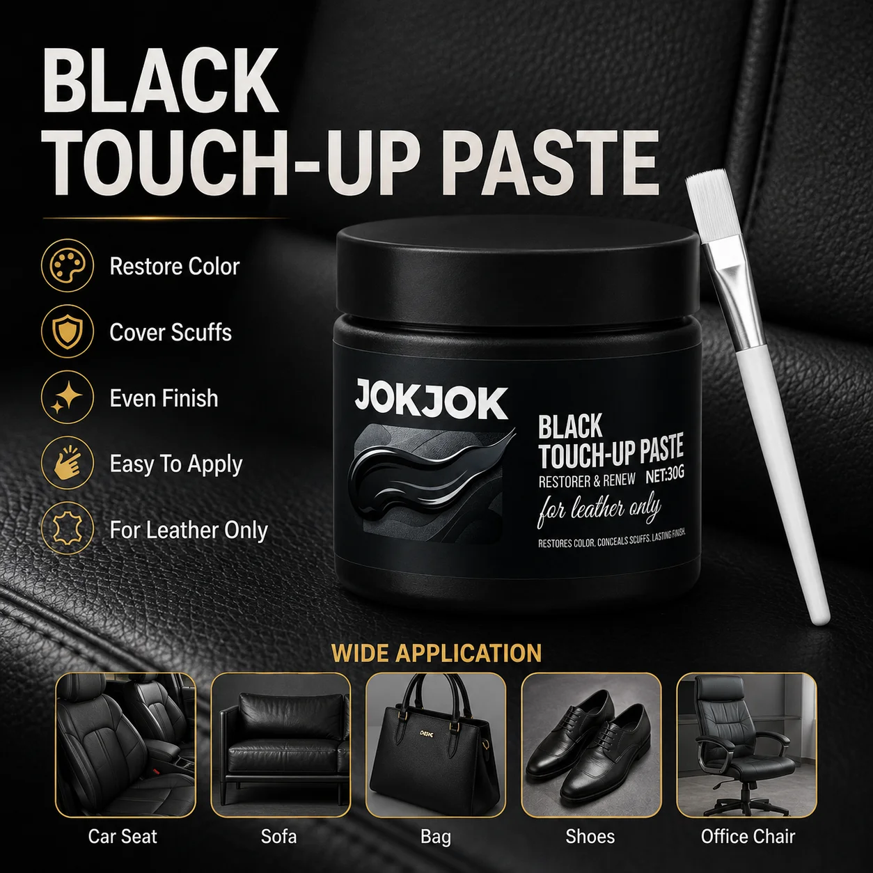 Leather Repair Paste For Car Seats Sofa Shoes Bags, Black Leather Restorer Scratch Scuff Cover Color Renew Cream 30G