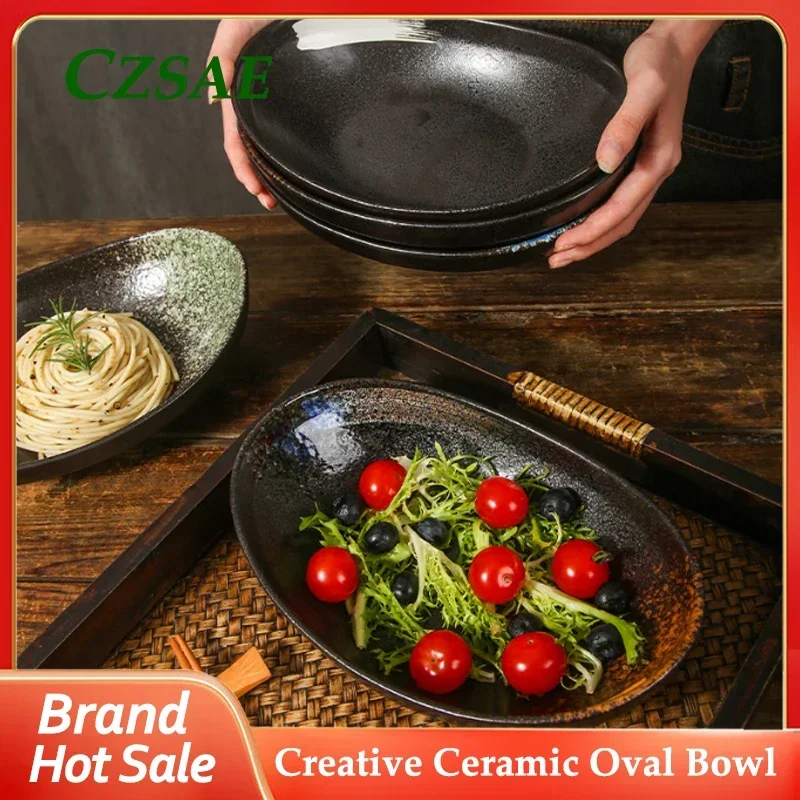 

1pcs Creative Ceramic Oval Bowl High-end Restaurant Irregular Kitchen Tableware Fruit Salad Japanese Ramen/spaghetti Plate