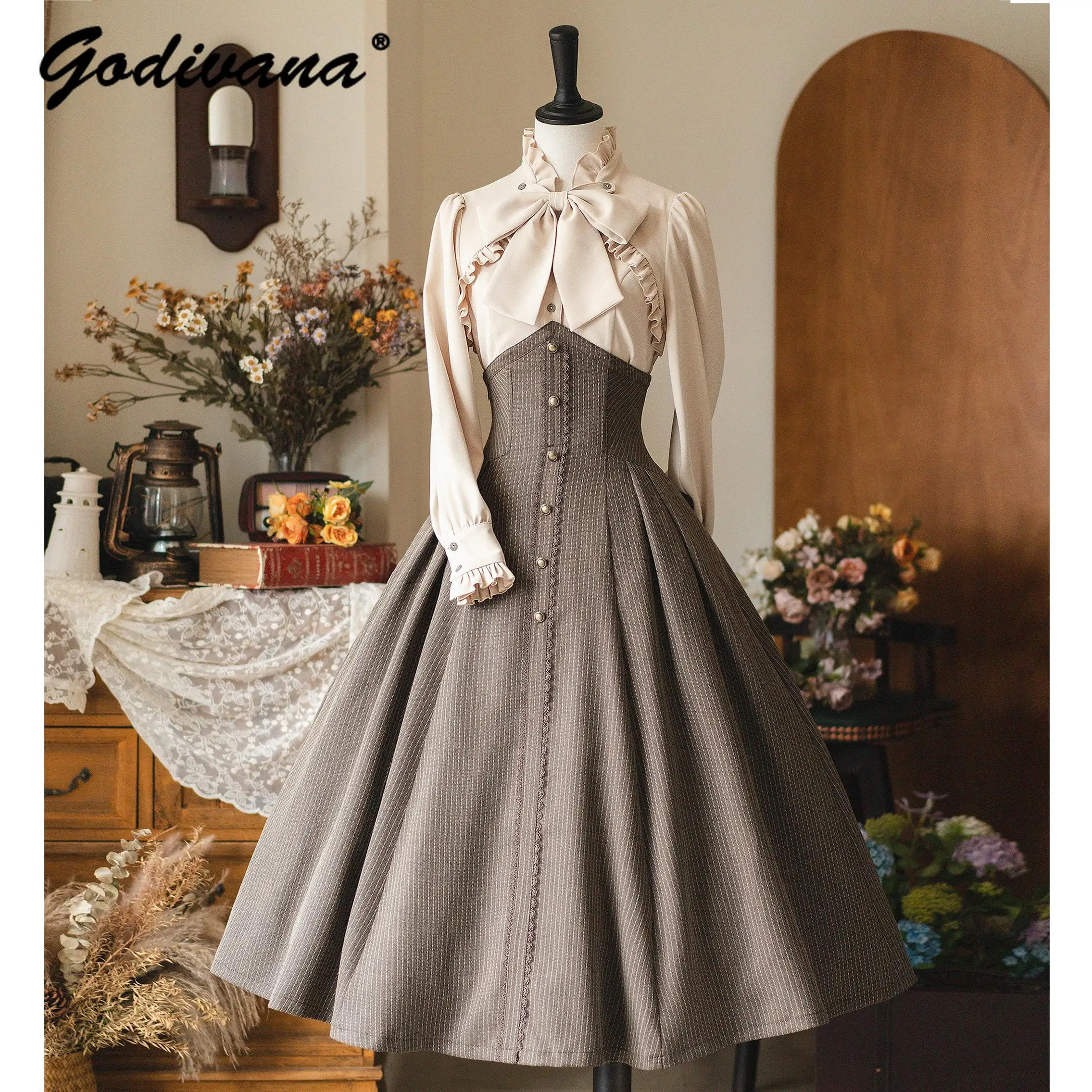 Original Retro Skirt Set Outfits New Spring Women's Stand Collar Long Sleeve Shirt Small Cape Coat Elegant Classical Long Skirt