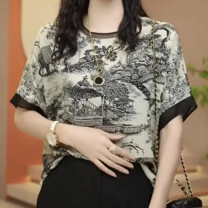 T-shirt en mousseline de soie à manches courtes et col rond pour femmes, vêtements élégants, t-shirts décontractés, mode printemps et été