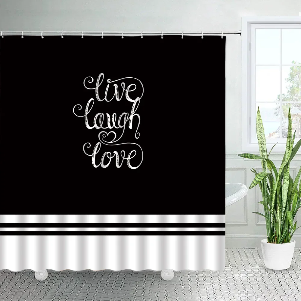 Black and White Shower Curtains Live Laugh Love Simple Inspirational Quotes Striped Farmhouse Fabric Bathroom Decor Set Hooks