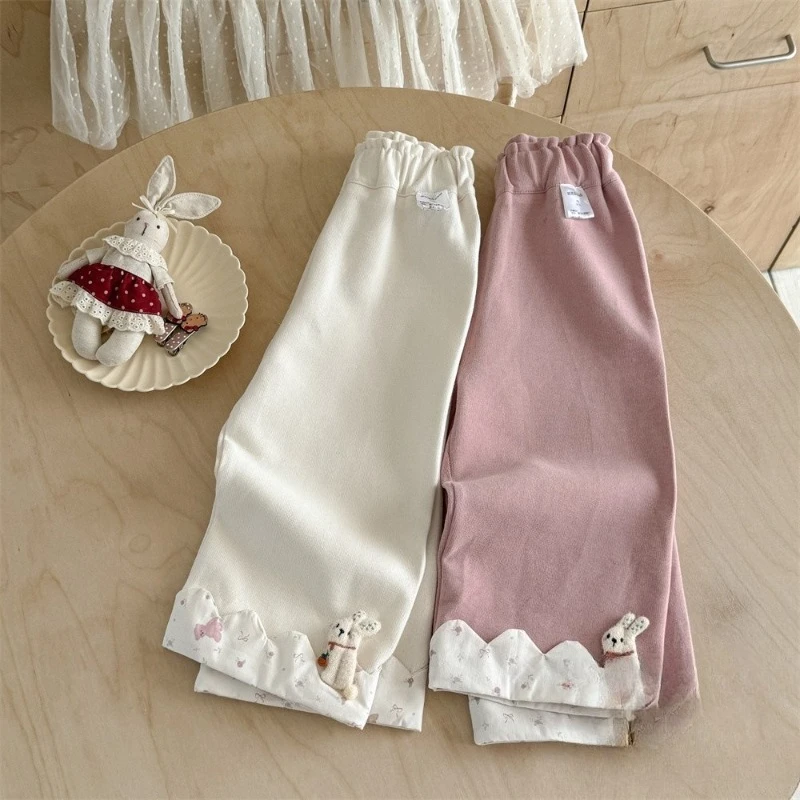 

2025 Autumn New Girl's Stylish Casual Cotton Cartoon Patch Decorative Straight Pants