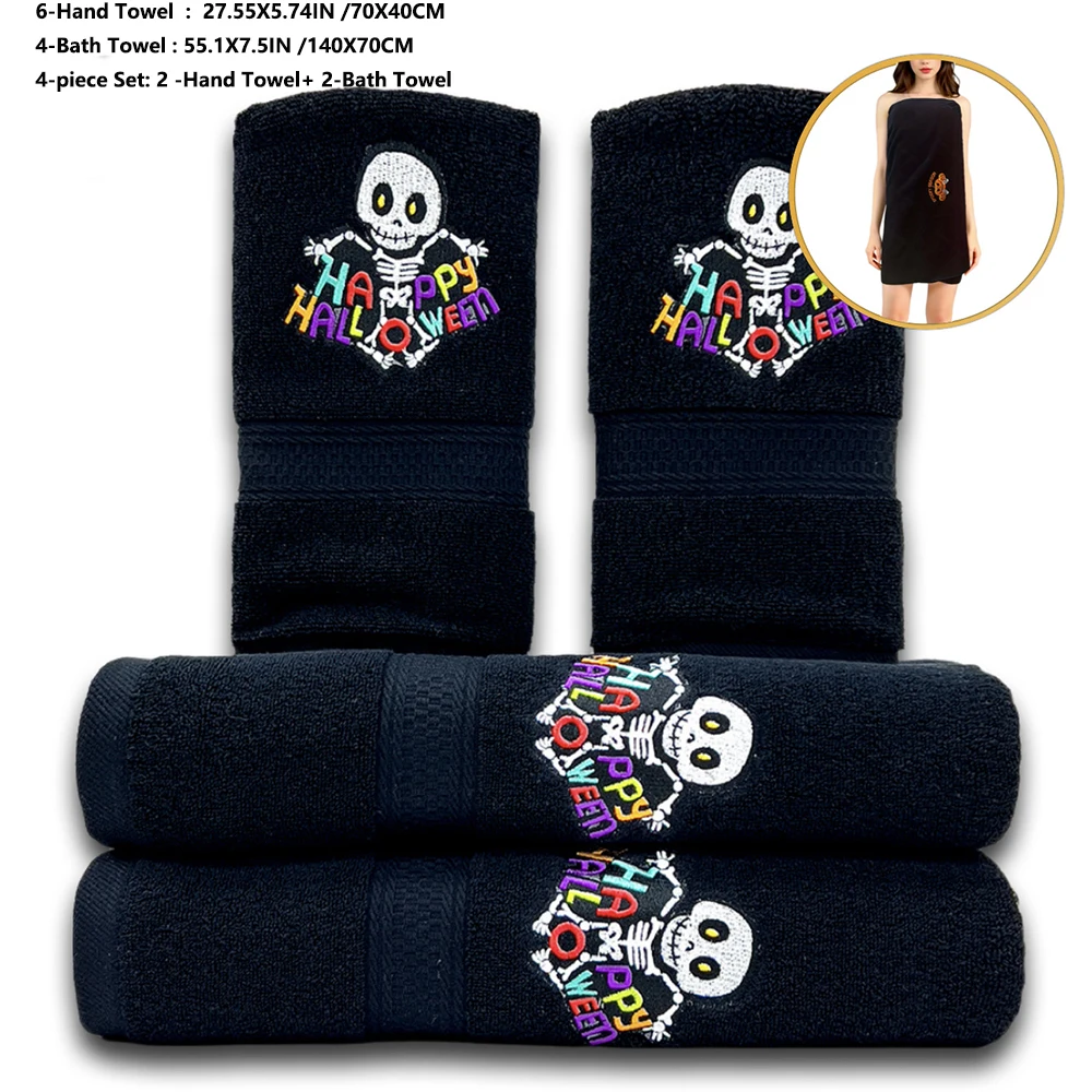 Cotton Halloween 6 Piece Skeleton Hand Towel Set 4 Spooky Bath Towels Bathroom High Quality Absorbent 4 Piece Towel 40X70 70X140