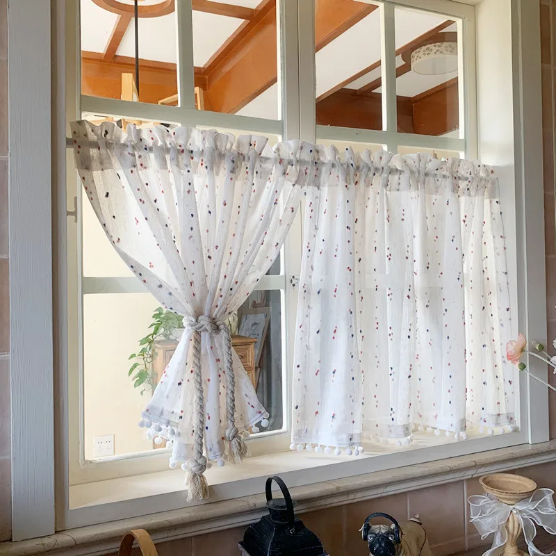 1pc Rainbow Hairball Embroidery Striped Short Curtain with Hollowed Crochet Lace Hem For Kitchen Living Room Bedroom