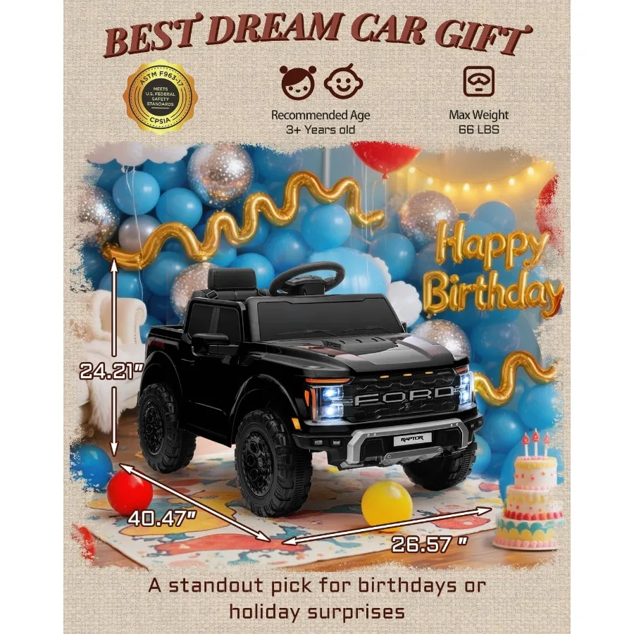 12V 公認ラプター子供用乗用玩具、親用リモコン付き乗用トラック、トラック荷台収納付き子供用電動車、3